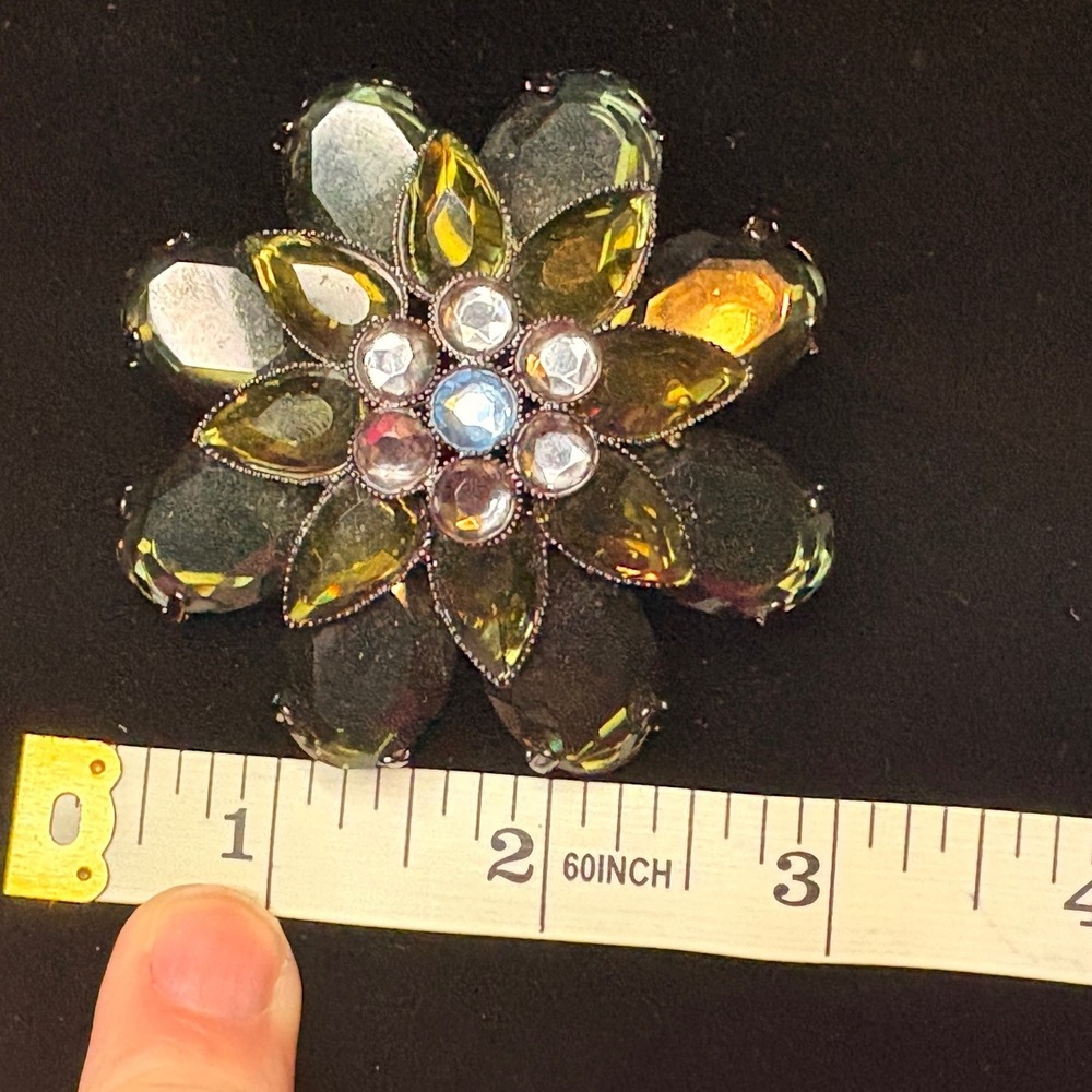 Vintage Style Layered Flower Brooch Olive Green Chartreuse Iridescent Statement - Picture 7 of 7